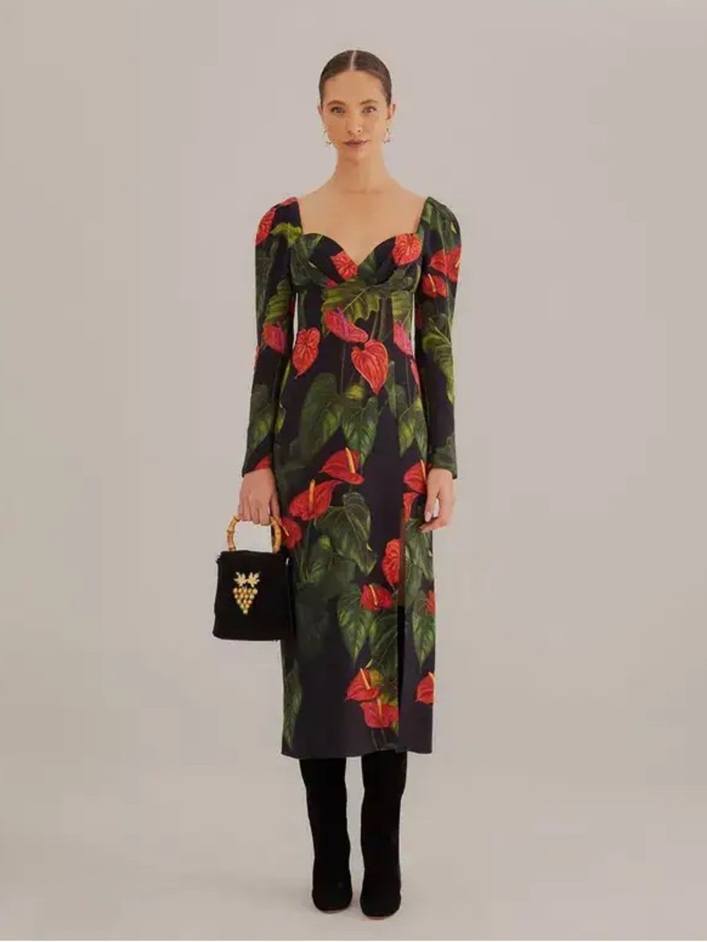NWT Farm Rio Anthurium Black Floral Sweetheart Slit Midi Dress XL Tropical RARE